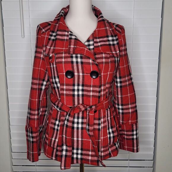Last‎ Kiss Red Tartan Fall Winter Christmas Woven Plaid Belted Peacoat Medium - Picture 1 of 7